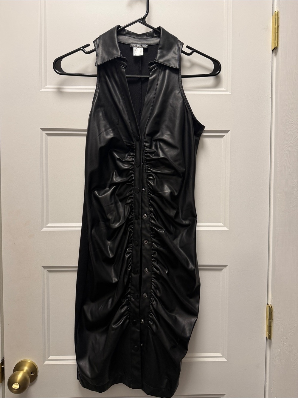 VENUS Black Faux-Leather Ruched Midi Dress with Collar